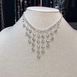 Elegant Silver Tone Crystal Drop Necklace